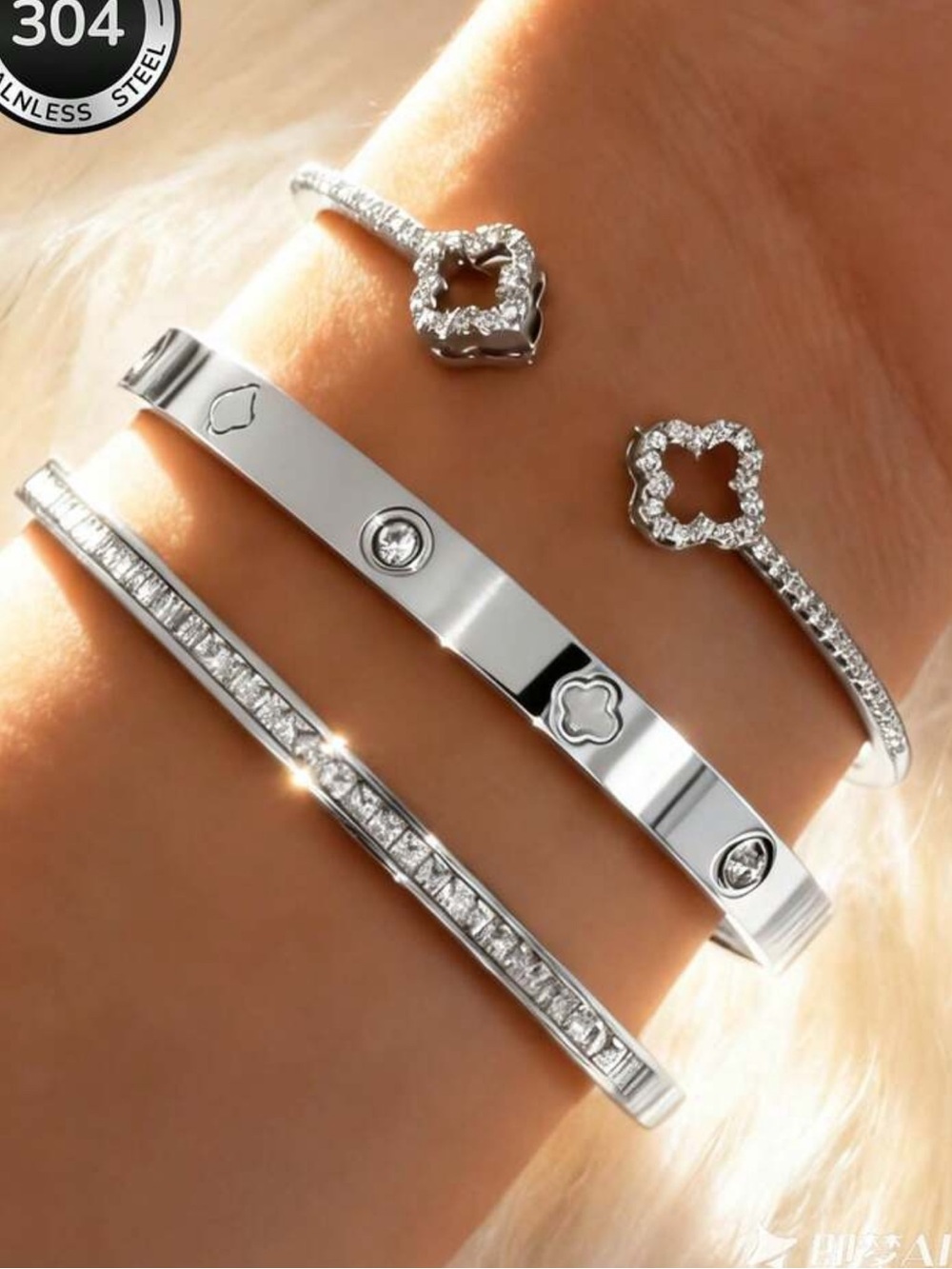 Silver Crystal Key & Bangle Bracelet Set - Women Jewelry